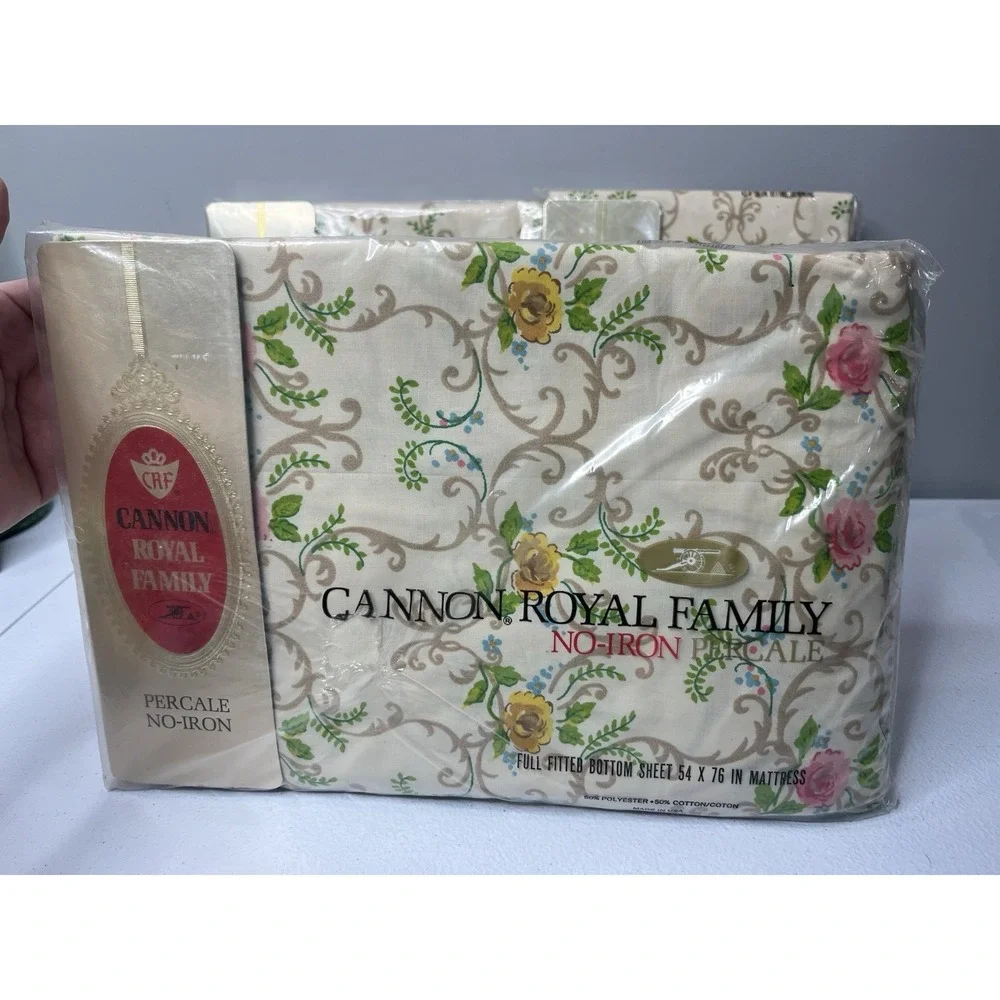 Vtg‎ Cannon Royal Family Bed Set Charleston Filigree Double Flat, Fitted Pillows